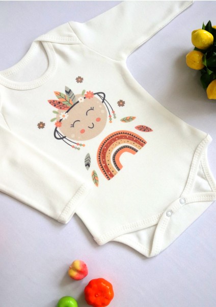 Unisex Bebek Dolunay ve Gökkuşağı Baskılı Body Zıbın