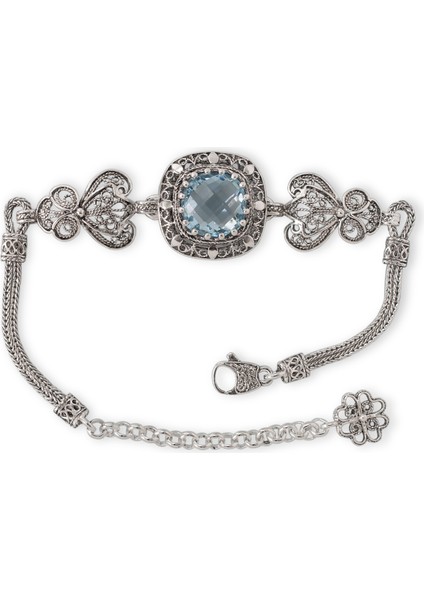 925 Ayar Gümüş Otantik El Işçiliği Telkari Doğal Sky Blue Topaz Taşlı Kadın Bileklik