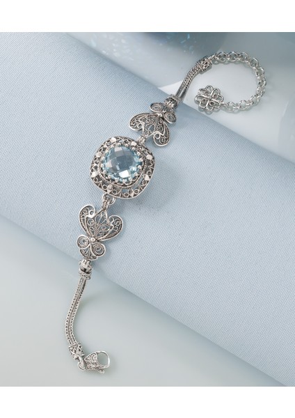 925 Ayar Gümüş Otantik El Işçiliği Telkari Doğal Sky Blue Topaz Taşlı Kadın Bileklik fiyatları