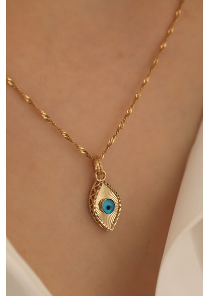 14 Ayar Altın Işıltılı Markiz Göz Singapur Zincir Kolye