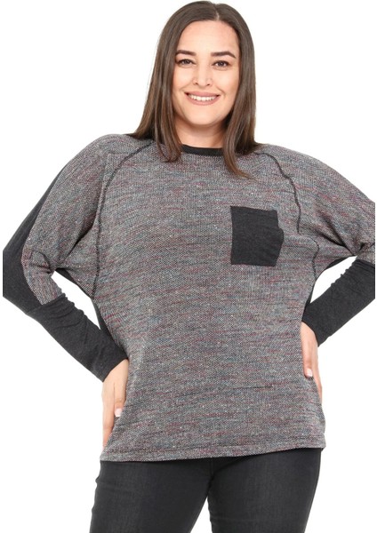 Büyük Beden Bisiklet Yaka Karyoka Dikişli Yarasa Kollu Antrasit Bluz