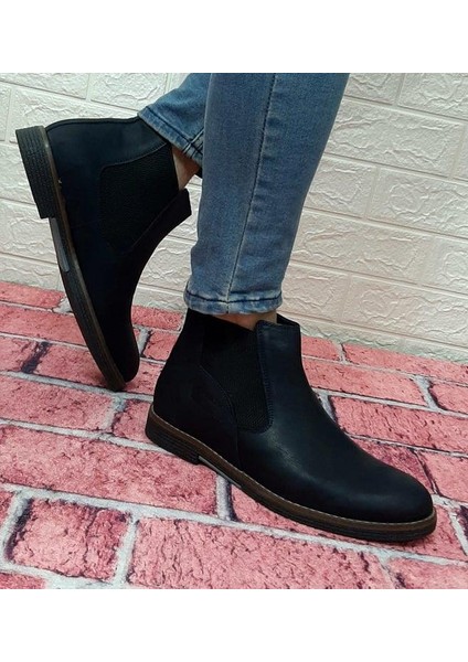 3502 Lacivert Deri Bilekte Bağcıksız Lastikli Erkek Bot modelleri