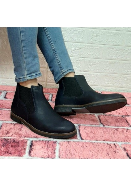 3502 Lacivert Deri Bilekte Bağcıksız Lastikli Erkek Bot indirimleri