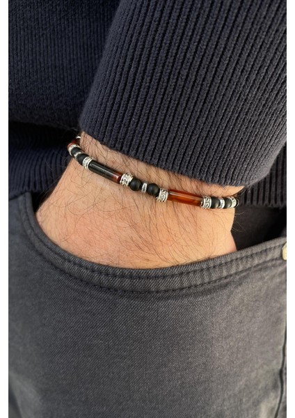 Doğal Taşlı Siyah-Kahverengi Renkli Ayarlanabilir Makrome Erkek Bileklik FRJ11338-1438-SK