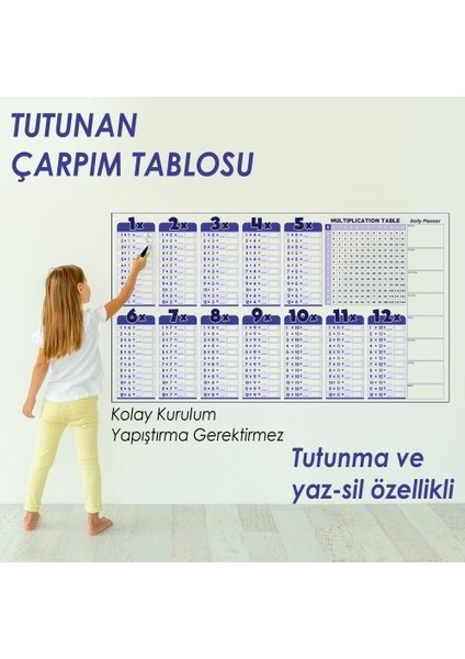 Ingilizce Çarpım Tablosu 100X56 cm Kağıt Tahta Doldurulabilir Silgili Beyaz Tahta Kalemi