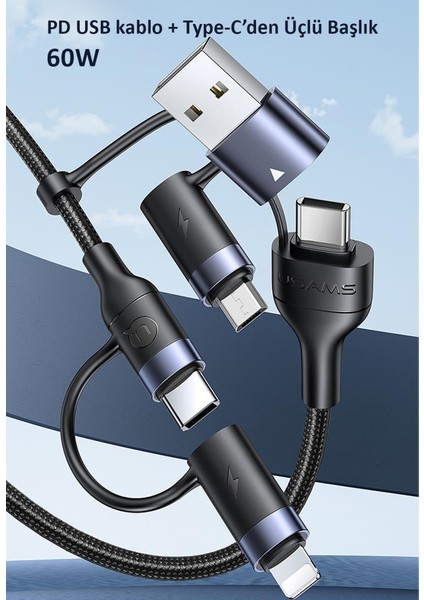 US-SJ547 Usb+Type-C To Type-C+Lightning+Microusb,1.2m 6 In 1 Hızlı Şarj ve Data Kablosu