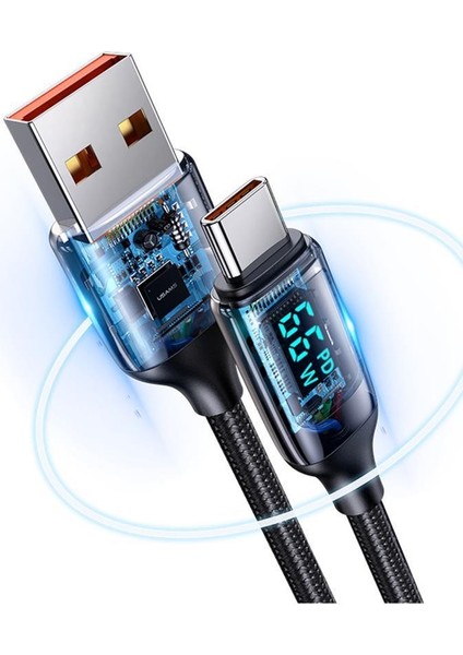 Usams US-SJ544 Dijital Göstergeli,çipli,örgülü,1.2m Pd 66W USB To Type-C Hızlı Şarj ve Data Kablosu