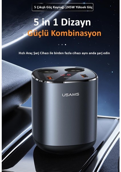 Usams US-CC151 Dijital Göstergeli 2X30W USB+1X65W PD+2X60W Çakmaklık 245W Araç Hızlı Şarj