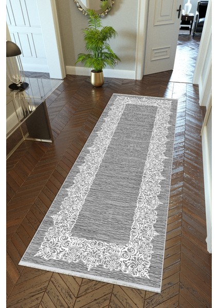 Yolluk Gümüş Gri Kaymaz Kesme Yıkanabilir Ince Dijital Baskı Koridor Halısı