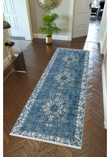 Yolluk Mavi Kaymaz Kesme Yıkanabilir Ince Dijital Baskı Koridor Halısı