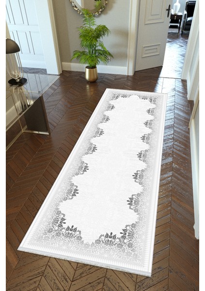 Yolluk Gri Beyaz Kaymaz Kesme Yıkanabilir Ince Dijital Baskı Koridor Halısı