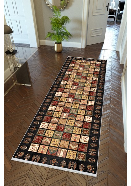 Yolluk Kilim Desenli Otantik Siyah Kaymaz Kesme Yıkanabilir Ince Dijital Baskı Koridor Halısı
