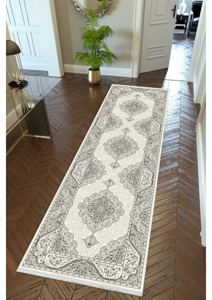 Yolluk Gri Beyaz Kaymaz Kesme Yıkanabilir Ince Dijital Baskı Koridor Halısı