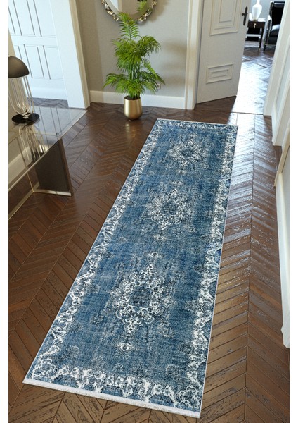 Yolluk Mavi Kaymaz Kesme Yıkanabilir Ince Dijital Baskı Koridor Halısı