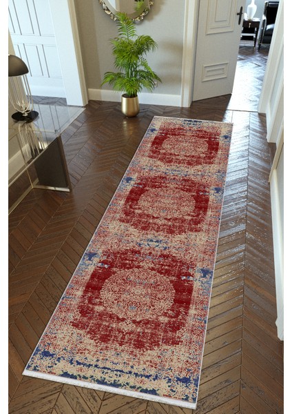 Yolluk Bordo Krem Mavi Kaymaz Kesme Yıkanabilir Ince Dijital Baskı Koridor Halısı