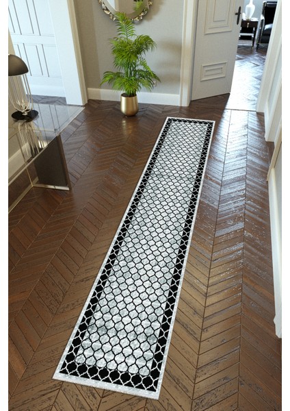 Yolluk Siyah Gri Kaymaz Kesme Yıkanabilir Ince Dijital Baskı Koridor Halısı