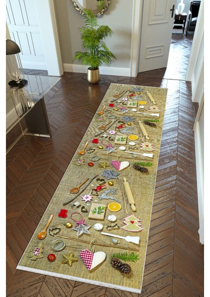 Yolluk Mutfak Halısı Bej Kaymaz Kesme Yıkanabilir Ince Dijital Baskı Koridor Halısı