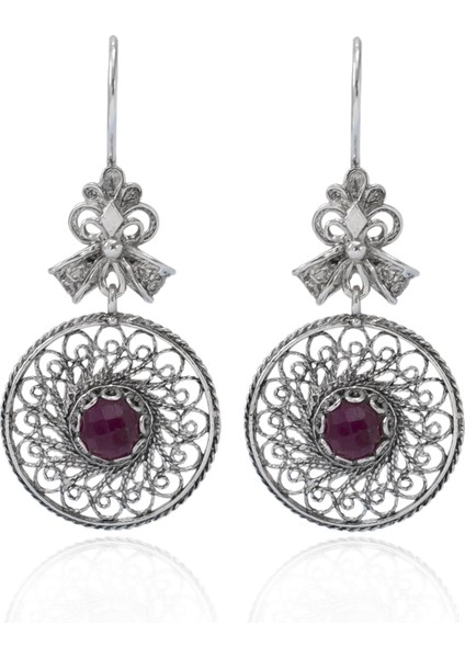 925 Ayar Gümüş Otantik El Işi Telkari Doğal Ruby Opak Yakut Taşlı Kadın Sarkaç Küpe