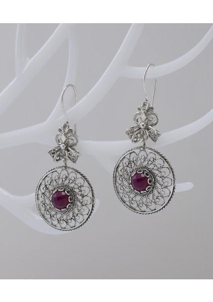 925 Ayar Gümüş Otantik El Işi Telkari Doğal Ruby Opak Yakut Taşlı Kadın Sarkaç Küpe modelleri