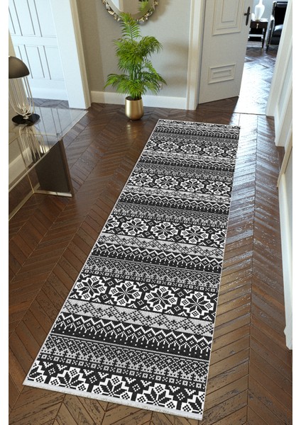 Yolluk Kilim Desenli Otantik Siyah Gri Kaymaz Kesme Yıkanabilir Ince Dijital Baskı Koridor Halısı
