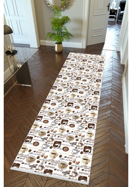 Yolluk Mutfak Halısı Kahve Beyaz Kahverengi Kaymaz Kesme Yıkanabilir Ince Koridor Halısı