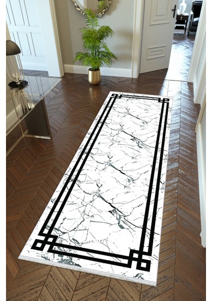 Yolluk Çerçeve Desenli Mermer Beyaz Kaymaz Kesme Yıkanabilir Ince Dijital Baskı Koridor Halısı