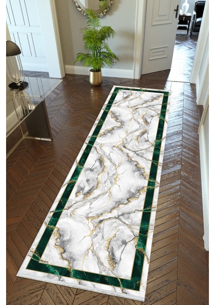 Yolluk Çerçeve Desenli Mermer Metalik Gri Yeşil Kaymaz Kesme Yıkanabilir Ince Koridor Halısı