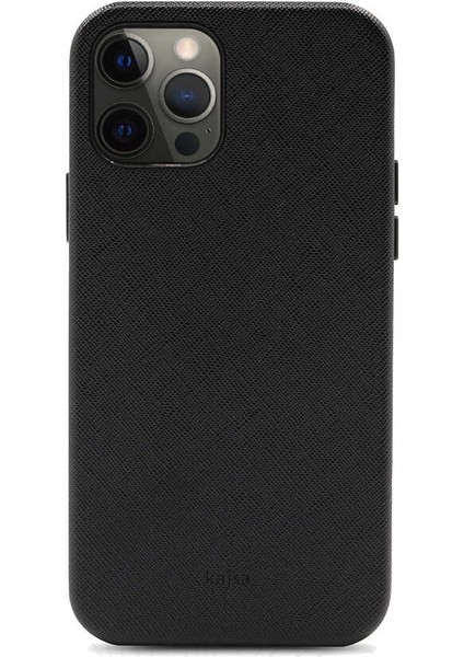 Apple iPhone 12 Pro Max Kılıf Kadife İç Yüzey Deri Görünüm Özel Tasarım Kajsa Woven Kapak Siyah