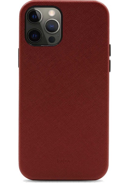 Apple iPhone 12 Pro Kılıf Kadife İç Yüzey Deri Görünüm Özel Tasarım Kajsa Woven Kapak Bordo