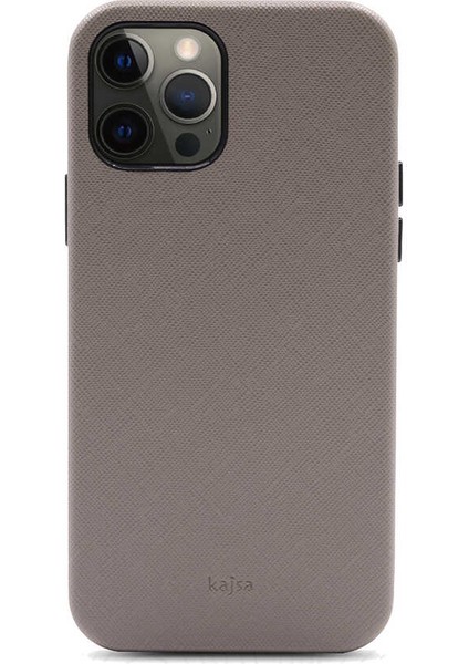 Apple iPhone 12 Pro Kılıf Kadife İç Yüzey Deri Görünüm Özel Tasarım Kajsa Woven Kapak Gri