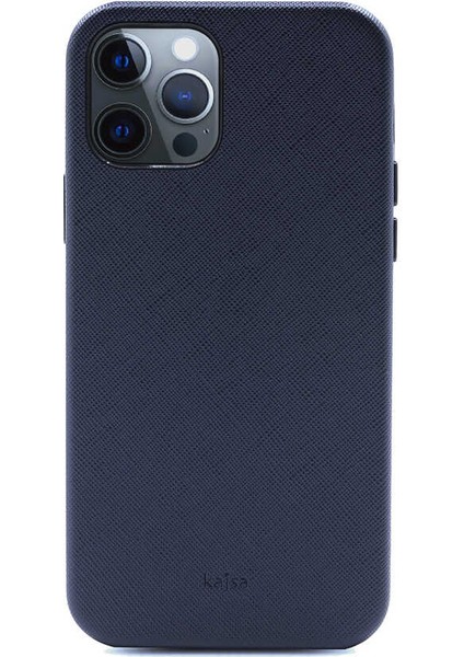 Apple iPhone 12 Pro Kılıf Kadife İç Yüzey Deri Görünüm Özel Tasarım Kajsa Woven Kapak Mavi