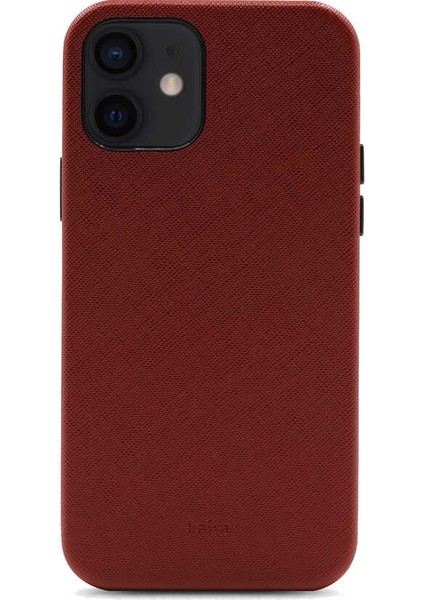 Apple iPhone 12 Kılıf Kadife İç Yüzey Deri Görünüm Özel Tasarım Kajsa Woven Kapak Bordo