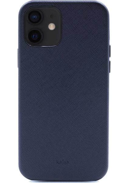 Apple iPhone 12 Kılıf Kadife İç Yüzey Deri Görünüm Özel Tasarım Kajsa Woven Kapak Mavi