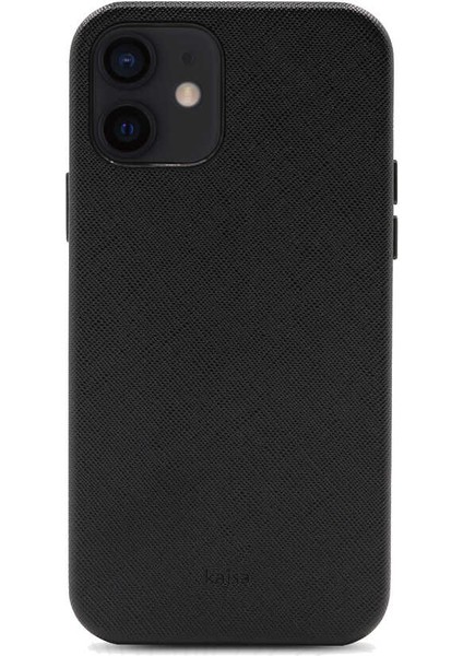 Apple iPhone 12 Kılıf Kadife İç Yüzey Deri Görünüm Özel Tasarım Kajsa Woven Kapak Siyah