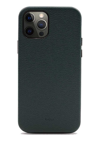 Apple iPhone 12 Pro Kılıf Kadife İç Yüzey Deri Görünüm Özel Tasarım Kajsa Litchi Kapak Yeşil