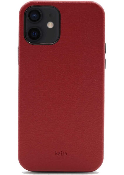 Apple iPhone 12 Kılıf Kadife İç Yüzey Deri Görünüm Özel Tasarım Kajsa Litchi Kapak Kırmızı