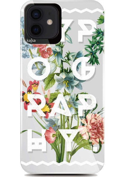 Apple iPhone 12 Kılıf Çiçek ve Yazı Tasarımlı Kajsa Floral Kapak NO1 Renkli