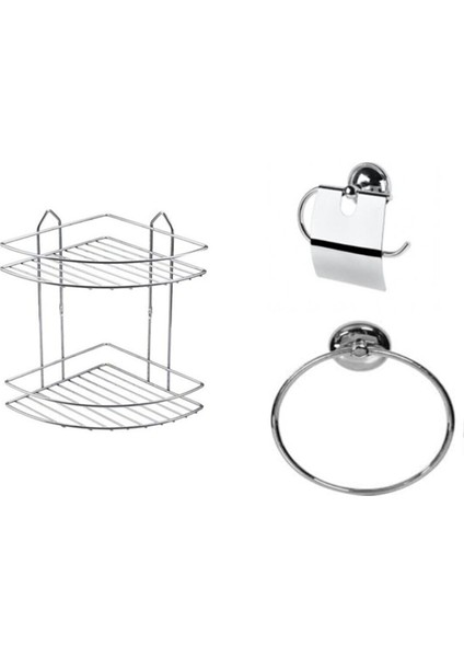 Krom Banyo Seti ( 2 Kademe Köşelik - Bornoz Askılığı - Kapaklı Tuvalet Kağıtlığı - Halka Havluluk)