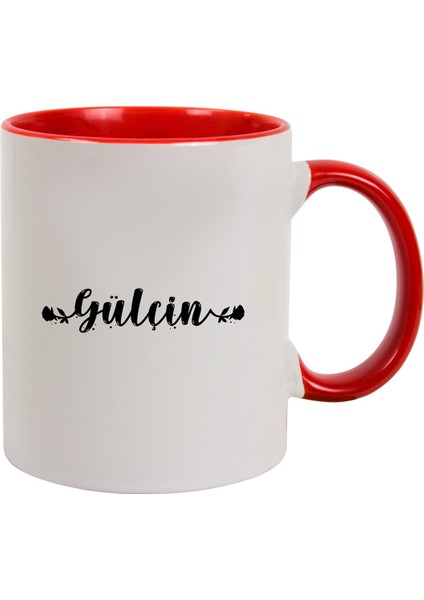 Isme Özel Kırmızı Kulplu Kupa Bardak - Siyah Gül Temalı