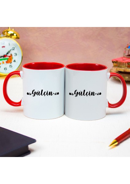 Isme Özel Kırmızı Kulplu Kupa Bardak - Siyah Gül Temalı modelleri