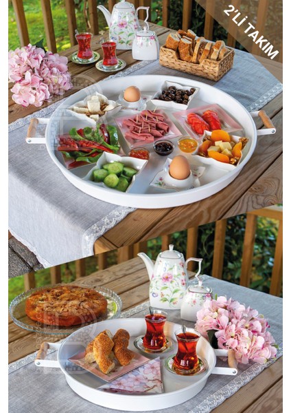 2'li Ahşap Kulplu 45 cm Metal Tepsi ve 30 cm Beyaz Tepsi Çay Kahve Sunum Tepsisi