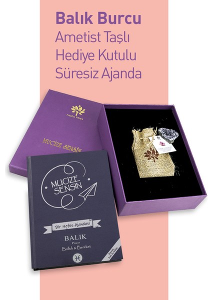 Balık Burcu Kapaklı Süresiz Tarihsiz Ajanda. Ametist Taş Hediyeli, Kutulu. 192 Sayfa, 25X17 cm