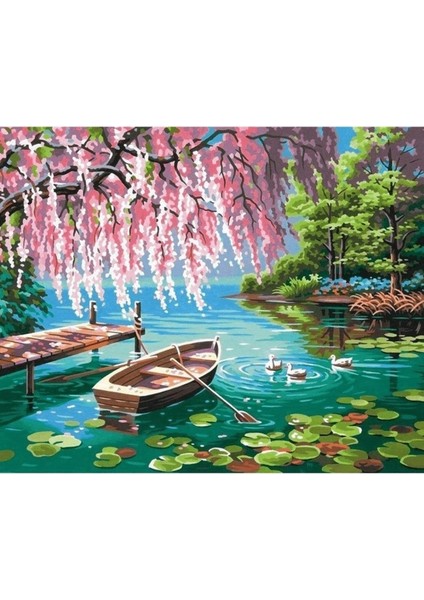 Canvas Pembe Söğüt ve Göl Sayılarla Boyama Seti Kasnaklı 50 x 65 cm