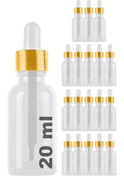 20 cc Şeffaf Damlalık Metal Gold Sızdırmaz Kapaklı 20 ml Dropper Cam Serum Şişesi 18 Adet