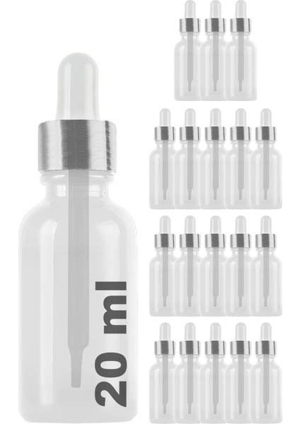 20 cc Şeffaf Damlalık Metal Gümüş Sızdırmaz Kapaklı 20 ml Dropper Cam Serum Şişesi 18 Adet
