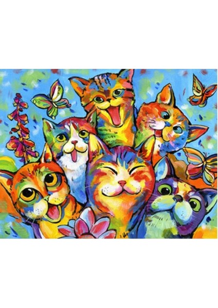 Canvas Gülen Kediler Sayılarla Boyama Seti Kasnaklı 90 x 110 cm