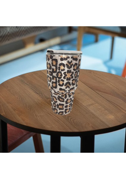 900 ml Seyahat Elmas Su Şişesi Kupa Vakum Şişesi Tumbler Kupası Ev Için Altın Leopar (Yurt Dışından)