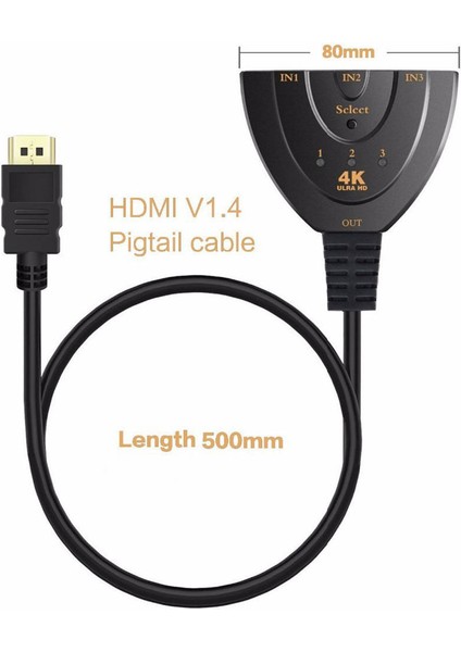 HDMI 3 Splitter 4KX2K Switcher Splitter 3 1 Çıkış Bağlantı Noktaları Uzaktan Anahtarı (Yurt Dışından)