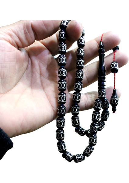Abbas Shop Erzurum Oltu Taşı Tesbih Gümüş ve Firuze Işlemeli Kapsül Kesim Koleksiyonluk Oltu Tesbih