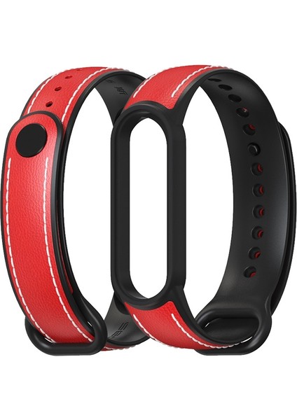 Xiaomi Mi Band 5 / 6 Için Tpu + Deri Kordonlu Saat Kırmızı + Siyah (Yurt Dışından)